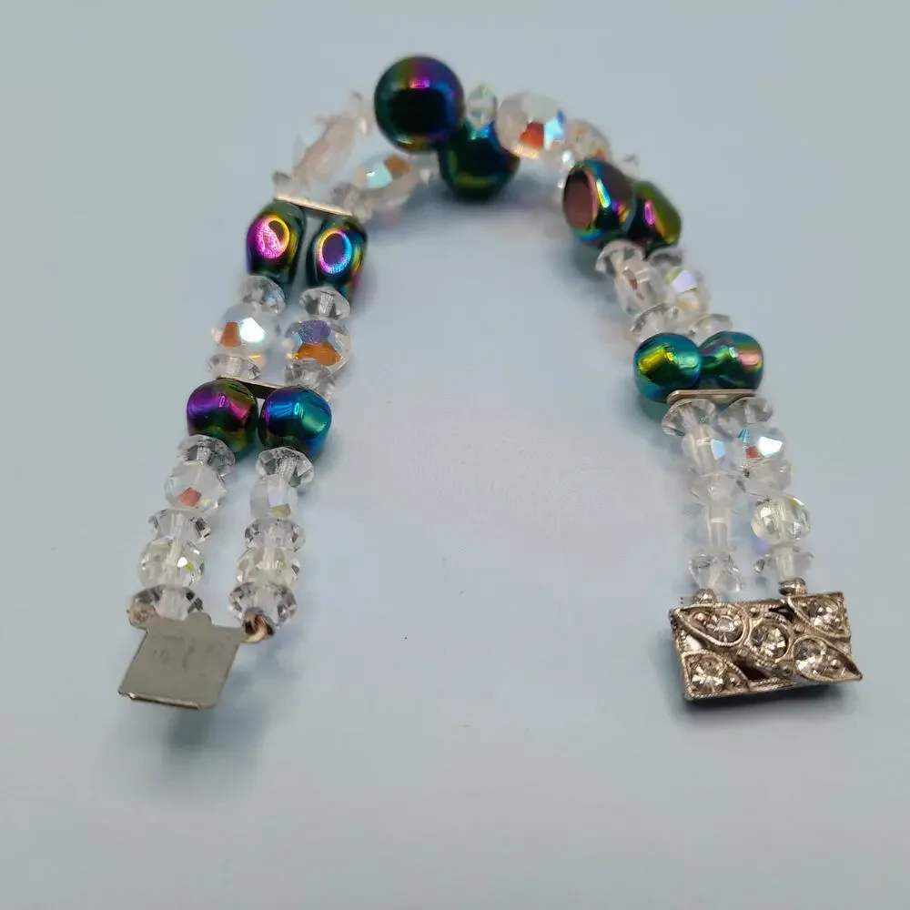 Vintage 1960s AB Crystal Beaded Bracelet, Double Strand, Iridescent Austrian, 7